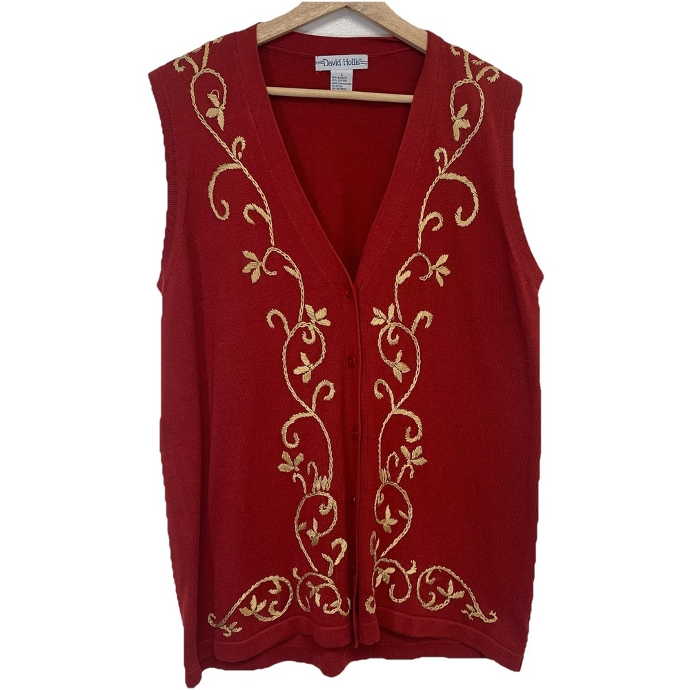David Hollis Sweater Vest‎ Woman Red Scroll Embroidery Large Button Front Casual